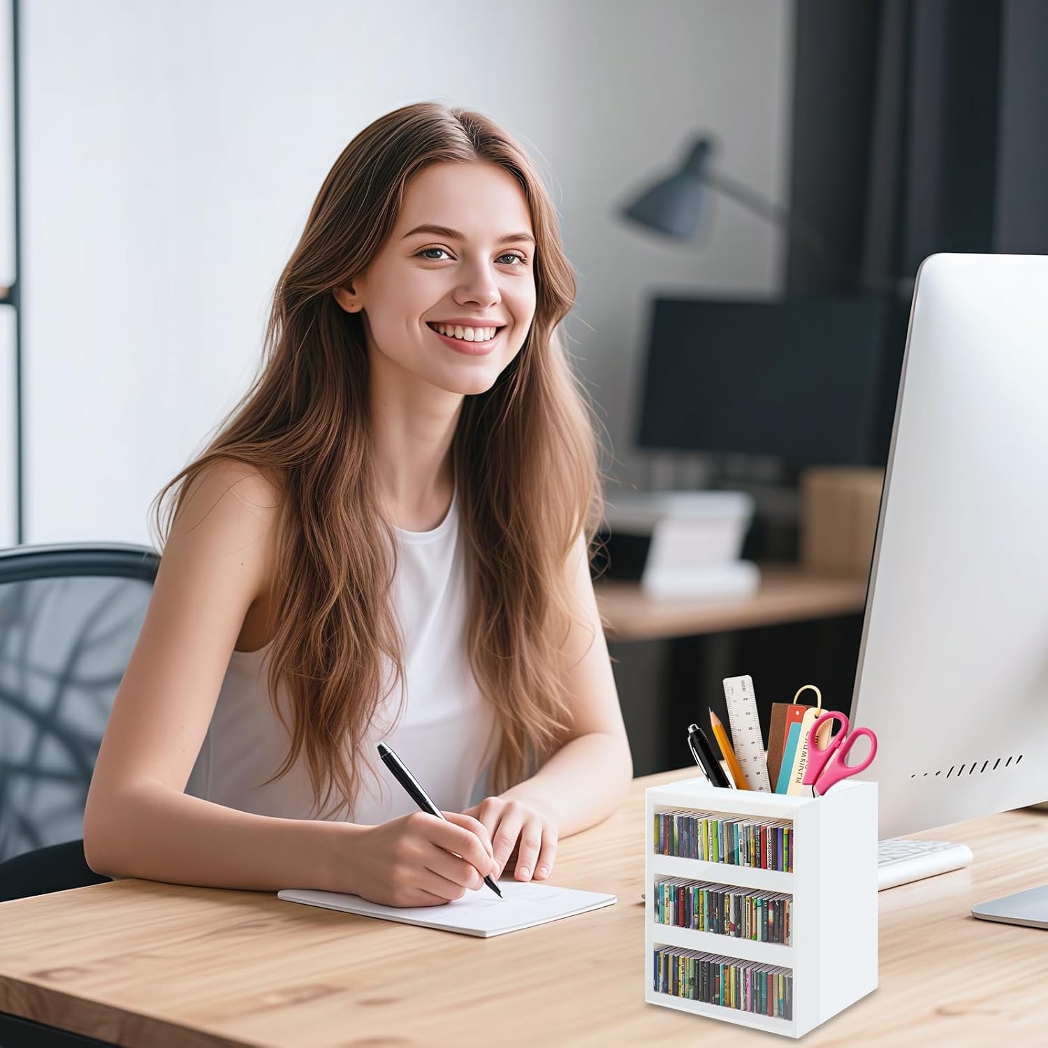 White Desktop Mini Bookshelf Pen Holder - Hình 2
